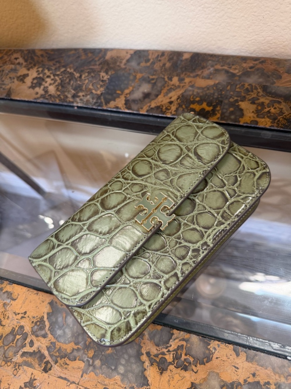 Tory Burch Olive Croc-Embossed Leather Clutch Wristlet Crossbody Bag